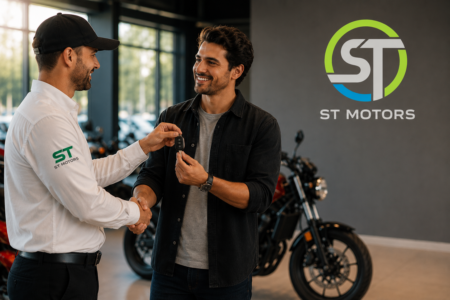 Cliente sorrindo ao receber a chave de uma moto na ST Motors, com a moto ao fundo